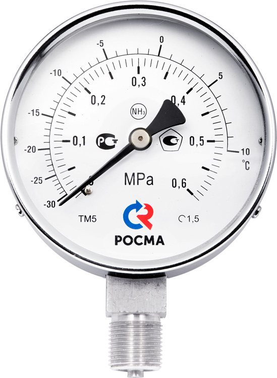 Мановакуумметр Росма ТМВ-511Р.00(-0,1-1,5MPa)/(-70-+40C)G1/2.1,5.NH3.Двойная шкала купить с доставкой по РФ