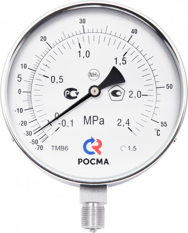 Манометр Росма ТМВ-611Р.00(-0,1-1,5MPa)/(-70-+40C)G1/2.1,5.NH3.Двойная шкала купить с доставкой по РФ
