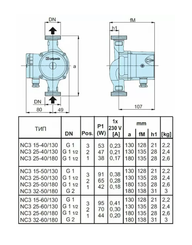 Насос циркуляционный Calpeda NC3 25-60/130 купить по цене 12876 руб.
