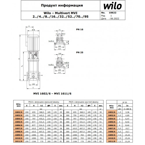 Вертикальный многоступенчатый насос Wilo MVI1609/6-3/16/E/3-380-50-2 купить по цене "по запросу"