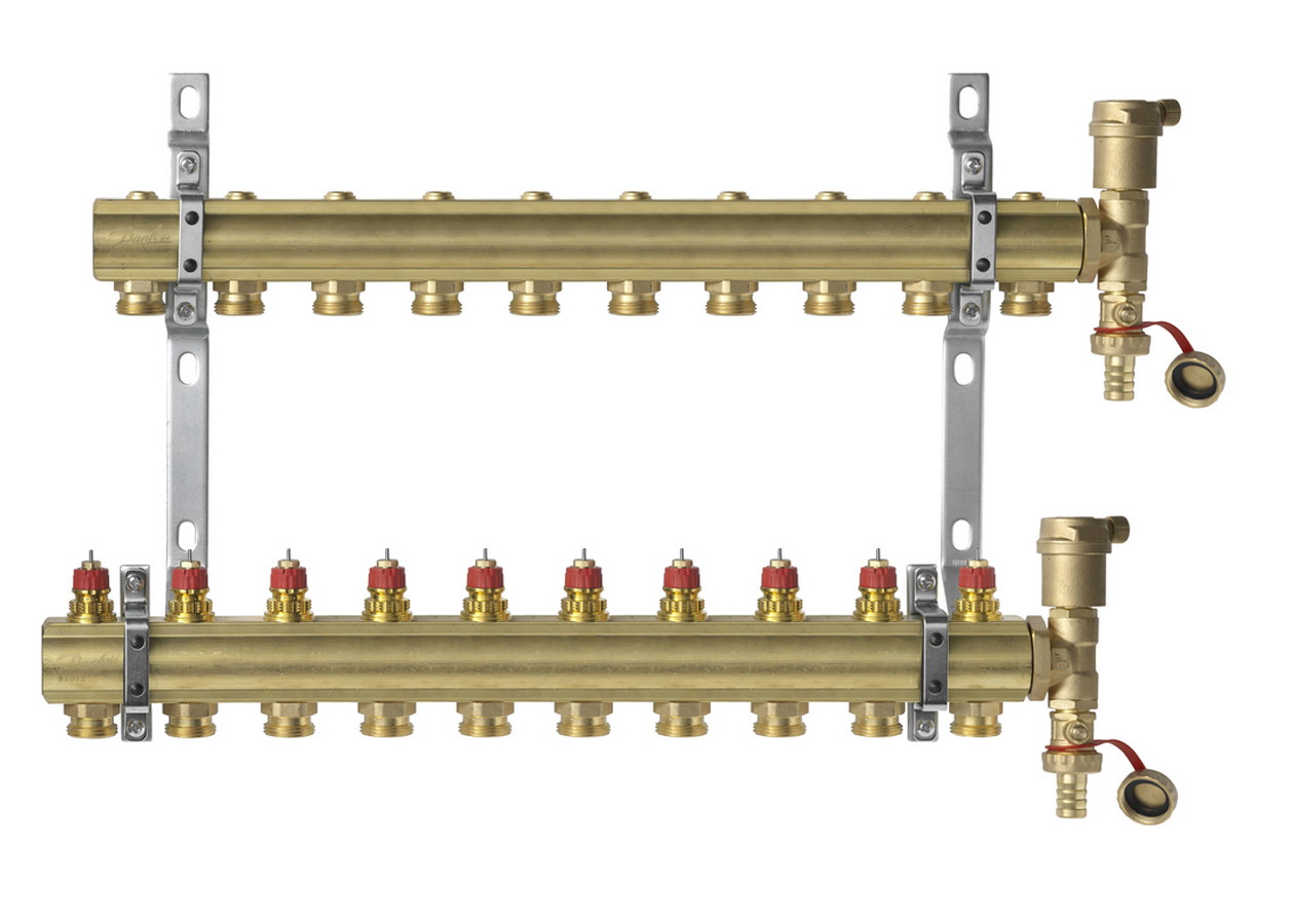 Комплект коллекторов Danfoss FHF-10 set с кронштейнами и воздухоотводчиками, 10 контуров заказать со складов по всей России