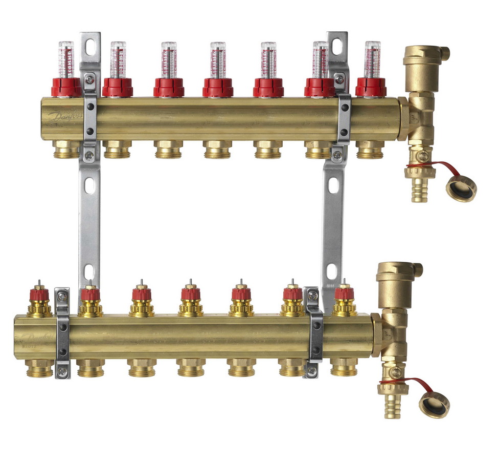 Комплект коллекторов Danfoss FHF-7F set с расходомерами, кронштейнами и воздухоотводчиками, 7 контуров