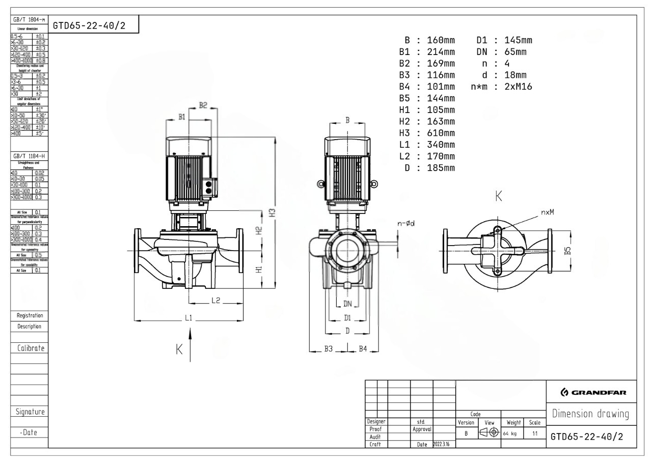 Циркуляционный насос Grandfar GTD 65-22-40/2 купить по цене 55853.22 руб.