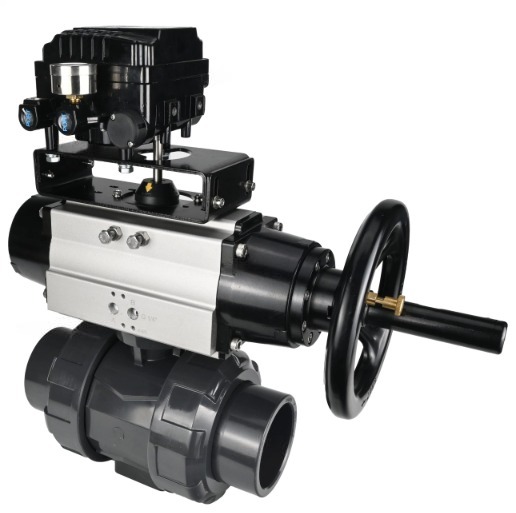 Кран шаровой DN.ru BV4242E-FP-GRM-ISO Дн65 Ру10 полнопроходной, корпус - НПВХ, шар - НПВХ, уплотнение - EPDM, с пневмоприводом PA-DA-105-1 и пневмопозиционером YT-1000RSN без обратной связи