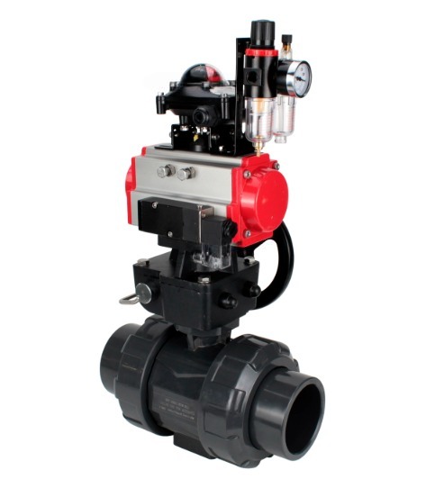 Кран шаровой DN.ru BV4242E-FP-GRM-ISO Дн65 Ру10 полнопроходной, корпус - НПВХ, шар - НПВХ, уплотнение - EPDM, с пневмоприводом PA-DA-065, пневмораспределителем 4M310-08 220В, ручным дублером MON1-250-T26-ISO, БКВ APL-210N и БПВ AFC2000