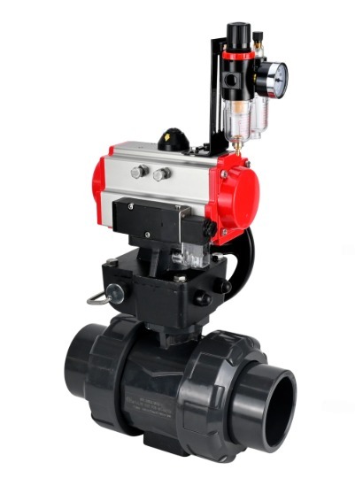 Кран шаровой DN.ru BV4242E-FP-GRM-ISO Дн65 Ру10 полнопроходной, корпус - НПВХ, шар - НПВХ, уплотнение - EPDM, с пневмоприводом PA-DA-065, пневмораспределителем 4M310-08 24В, ручным дублером MON1-250-T26-ISO и БПВ AFC2000