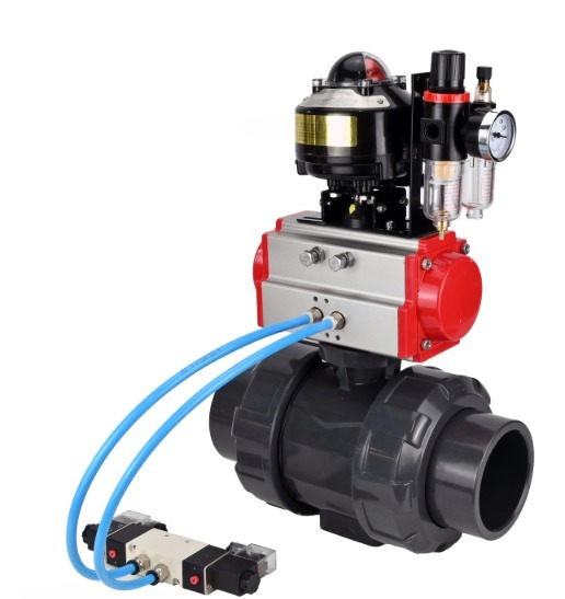 Кран шаровой DN.ru BV4242E-FP-GRM-ISO Дн65 Ру10 полнопроходной, корпус - НПВХ, шар - НПВХ, уплотнение - EPDM, с пневмоприводом PA-SA-065, пневмораспределителем 4V320-10 220В, БКВ APL-510N EX и БПВ AFC2000