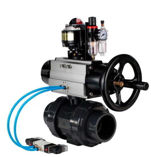 Кран шаровой DN.ru BV4242E-FP-GRM-ISO Дн65 Ру10 полнопроходной, корпус - НПВХ, шар - НПВХ, уплотнение - EPDM, с пневмоприводом PA-DA-105-1, пневмораспределителем 4V320-08 220В, БКВ APL-510N EX и БПВ AFC2000