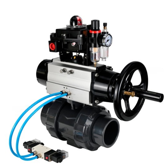 Кран шаровой DN.ru BV4242E-FP-GRM-ISO Дн65 Ру10 полнопроходной, корпус - НПВХ, шар - НПВХ, уплотнение - EPDM, с пневмоприводом PA-DA-105-1, пневмораспределителем 4V320-10 220В, БКВ APL-410N EX и БПВ AFC2000