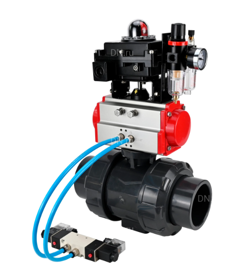 Кран шаровой DN.ru BV4242E-FP-GRM-ISO Дн65 Ру10 полнопроходной, корпус - НПВХ, шар - НПВХ, уплотнение - EPDM, с пневмоприводом PA-DA-065, пневмораспределителем 4V320-10 220В, БКВ APL-410N EX и БПВ AFC2000