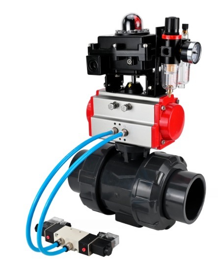 Кран шаровой DN.ru BV4242E-FP-GRM-ISO Дн65 Ру10 полнопроходной, корпус - НПВХ, шар - НПВХ, уплотнение - EPDM, с пневмоприводом PA-DA-065, пневмораспределителем 4V320-08 220В, БКВ APL-410N EX и БПВ AFC2000