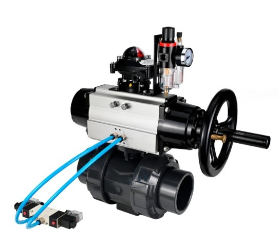 Кран шаровой DN.ru BV4242E-FP-GRM-ISO Дн65 Ру10 полнопроходной, корпус - НПВХ, шар - НПВХ, уплотнение - EPDM, с пневмоприводом PA-DA-105-1, пневмораспределителем 4V320-08 220В, БКВ APL-210N и БПВ AFC2000