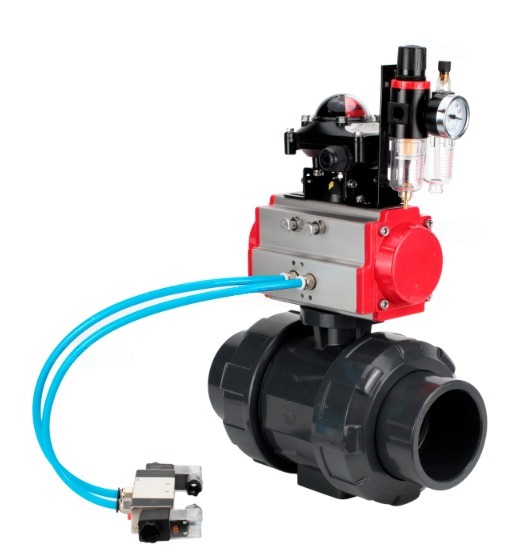 Кран шаровой DN.ru BV4242E-FP-GRM-ISO Дн65 Ру10 полнопроходной, корпус - НПВХ, шар - НПВХ, уплотнение - EPDM, с пневмоприводом PA-DA-065, пневмораспределителем 4V320-08 220В, БКВ APL-210N и БПВ AFC2000