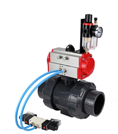 Кран шаровой DN.ru BV4242E-FP-GRM-ISO Дн65 Ру10 полнопроходной, корпус - НПВХ, шар - НПВХ, уплотнение - EPDM, с пневмоприводом PA-SA-065, пневмораспределителем 4V320-10 220В и БПВ AFC2000