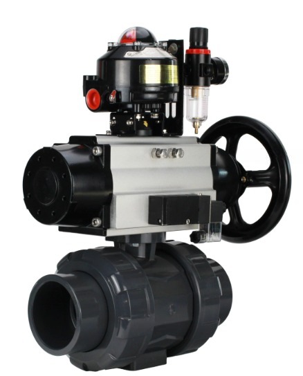 Кран шаровой DN.ru BV4242E-FP-GRM-ISO Дн65 Ру10 полнопроходной, корпус - НПВХ, шар - НПВХ, уплотнение - EPDM, с пневмоприводом PA-DA-105-1, пневмораспределителем 4M310-08 24В, БКВ APL-510N EX и БПВ AFC2000