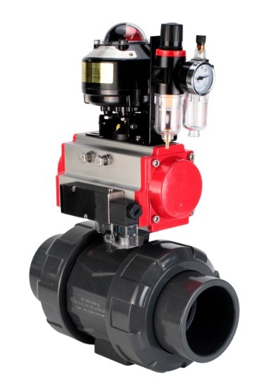 Кран шаровой DN.ru BV4242E-FP-GRM-ISO Дн65 Ру10 полнопроходной, корпус - НПВХ, шар - НПВХ, уплотнение - EPDM, с пневмоприводом PA-DA-065, пневмораспределителем 4M310-08 220В, БКВ APL-510N EX и БПВ AFC2000