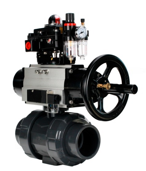 Кран шаровой DN.ru BV4242E-FP-GRM-ISO Дн65 Ру10 полнопроходной, корпус - НПВХ, шар - НПВХ, уплотнение - EPDM, с пневмоприводом PA-DA-105-1, пневмораспределителем 4M310-08 24В, БКВ APL-410N EX и БПВ AFC2000