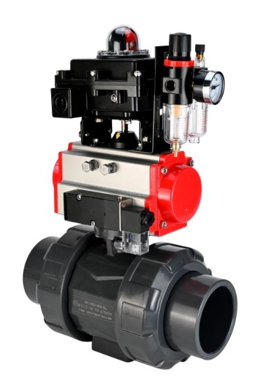 Кран шаровой DN.ru BV4242E-FP-GRM-ISO Дн65 Ру10 полнопроходной, корпус - НПВХ, шар - НПВХ, уплотнение - EPDM, с пневмоприводом PA-DA-065, пневмораспределителем 4M310-08 24В, БКВ APL-410N EX и БПВ AFC2000