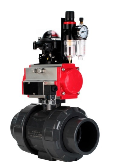 Кран шаровой DN.ru BV4242E-FP-GRM-ISO Дн65 Ру10 полнопроходной, корпус - НПВХ, шар - НПВХ, уплотнение - EPDM, с пневмоприводом PA-SA-065, пневмораспределителем 4M310-08 24В, БКВ APL-210N и БПВ AFC2000