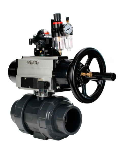 Кран шаровой DN.ru BV4242E-FP-GRM-ISO Дн65 Ру10 полнопроходной, корпус - НПВХ, шар - НПВХ, уплотнение - EPDM, с пневмоприводом PA-DA-105-1, пневмораспределителем 4M310-08 220В, БКВ APL-210N и БПВ AFC2000