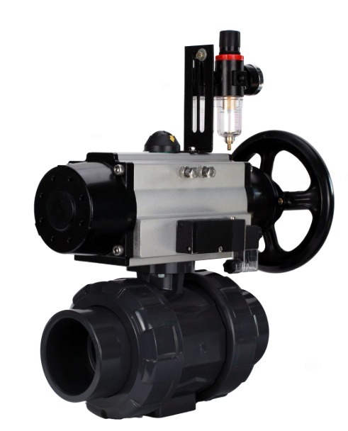 Кран шаровой DN.ru BV4242E-FP-GRM-ISO Дн65 Ру10 полнопроходной, корпус - НПВХ, шар - НПВХ, уплотнение - EPDM, с пневмоприводом PA-DA-105-1, пневмораспределителем 4M310-08 24В и БПВ AFC2000