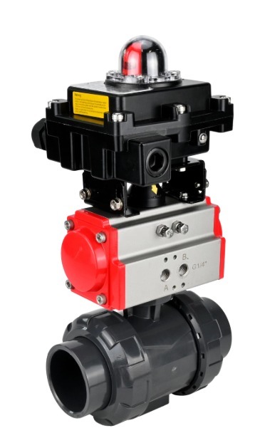 Кран шаровой DN.ru BV4242E-FP-GRM-ISO Дн65 Ру10 полнопроходной, корпус - НПВХ, шар - НПВХ, уплотнение - EPDM, с пневмоприводом PA-SA-065 и БКВ APL-410N EX
