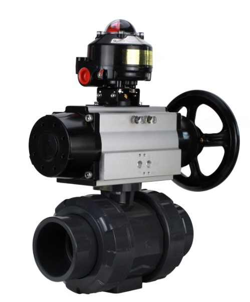 Кран шаровой DN.ru BV4242E-FP-GRM-ISO Дн65 Ру10 полнопроходной, корпус - НПВХ, шар - НПВХ, уплотнение - EPDM, с пневмоприводом PA-DA-105-1 и БКВ APL-510N EX