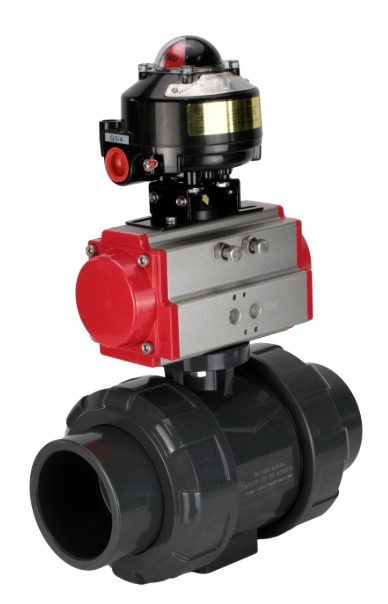 Кран шаровой DN.ru BV4242E-FP-GRM-ISO Дн65 Ру10 полнопроходной, корпус - НПВХ, шар - НПВХ, уплотнение - EPDM, с пневмоприводом PA-DA-065 и БКВ APL-510N EX