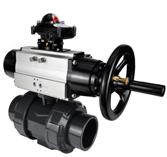 Кран шаровой DN.ru BV4242E-FP-GRM-ISO Дн65 Ру10 полнопроходной, корпус - НПВХ, шар - НПВХ, уплотнение - EPDM, с пневмоприводом PA-DA-105-1 и БКВ APL-210N