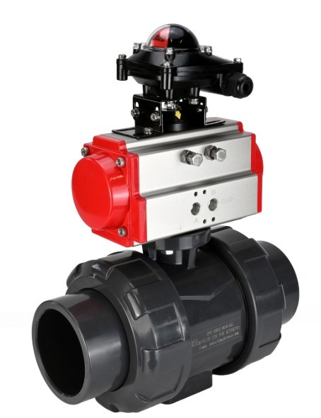 Кран шаровой DN.ru BV4242E-FP-GRM-ISO Дн65 Ру10 полнопроходной, корпус - НПВХ, шар - НПВХ, уплотнение - EPDM, с пневмоприводом PA-DA-065 и БКВ APL-210N