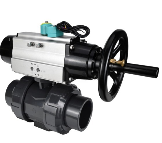 Кран шаровой DN.ru BV4242E-FP-GRM-ISO Дн65 Ру10 полнопроходной, корпус - НПВХ, шар - НПВХ, уплотнение - EPDM, с пневмоприводом PA-DA-105-1 и магнитным переключателем ALS200D