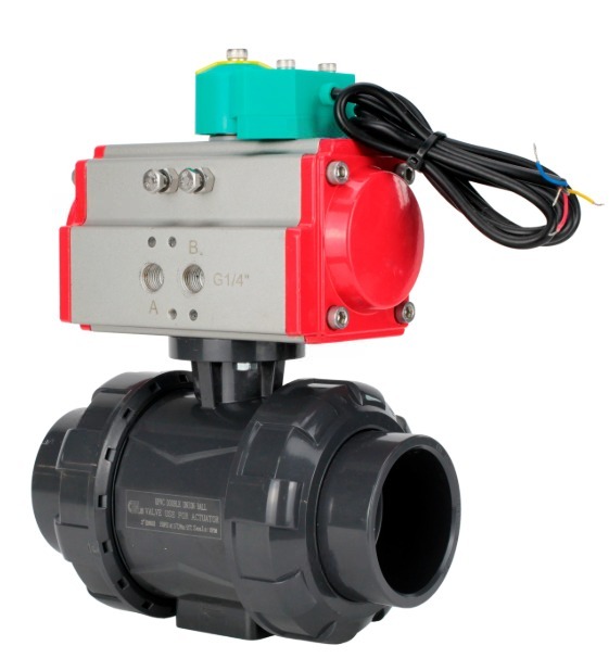 Кран шаровой DN.ru BV4242E-FP-GRM-ISO Дн65 Ру10 полнопроходной, корпус - НПВХ, шар - НПВХ, уплотнение - EPDM, с пневмоприводом PA-SA-065 и магнитным переключателем ALS200D