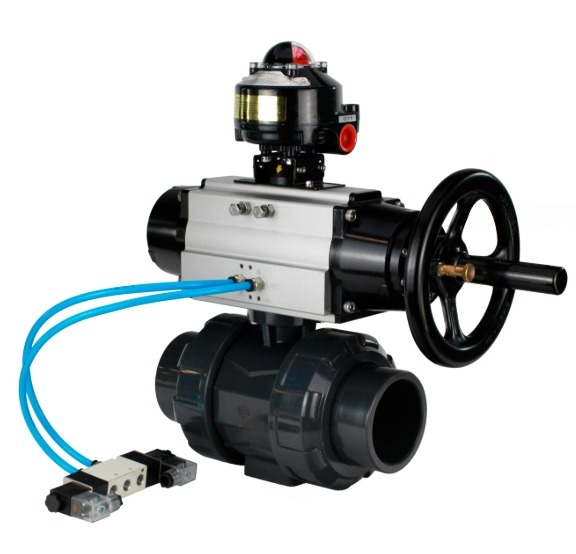 Кран шаровой DN.ru BV4242E-FP-GRM-ISO Дн65 Ру10 полнопроходной, корпус - НПВХ, шар - НПВХ, уплотнение - EPDM, с пневмоприводом PA-DA-105-1, пневмораспределителем 4V320-08 220В и БКВ APL-510N EX