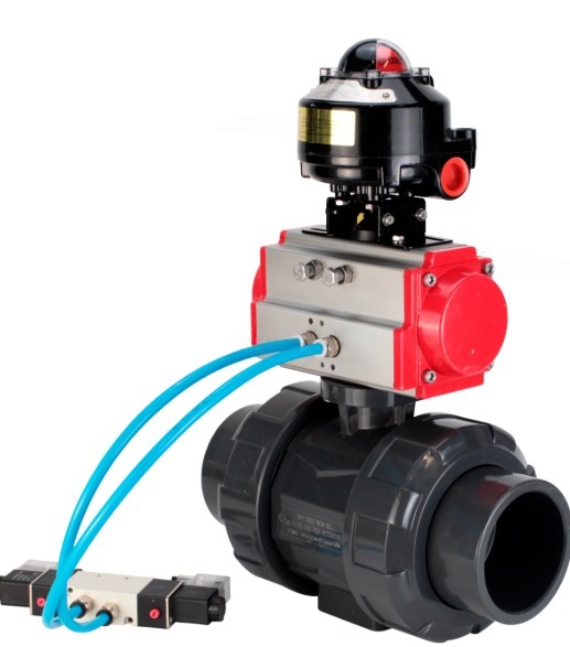 Кран шаровой DN.ru BV4242E-FP-GRM-ISO Дн65 Ру10 полнопроходной, корпус - НПВХ, шар - НПВХ, уплотнение - EPDM, с пневмоприводом PA-DA-065, пневмораспределителем 4V320-08 220В и БКВ APL-510N EX