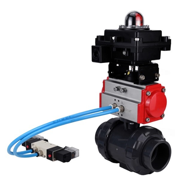 Кран шаровой DN.ru BV4242E-FP-GRM-ISO Дн65 Ру10 полнопроходной, корпус - НПВХ, шар - НПВХ, уплотнение - EPDM, с пневмоприводом PA-SA-065, пневмораспределителем 4V320-10 220В и БКВ APL-410N EX