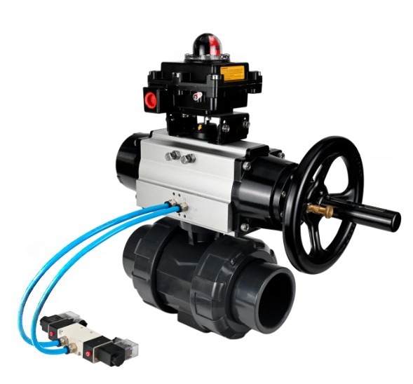 Кран шаровой DN.ru BV4242E-FP-GRM-ISO Дн65 Ру10 полнопроходной, корпус - НПВХ, шар - НПВХ, уплотнение - EPDM, с пневмоприводом PA-DA-105-1, пневмораспределителем 4V320-10 220В и БКВ APL-210N