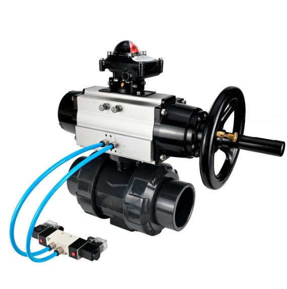 Кран шаровой DN.ru BV4242E-FP-GRM-ISO Дн65 Ру10 полнопроходной, корпус - НПВХ, шар - НПВХ, уплотнение - EPDM, с пневмоприводом PA-DA-105-1, пневмораспределителем 4V320-08 220В и БКВ APL-210N