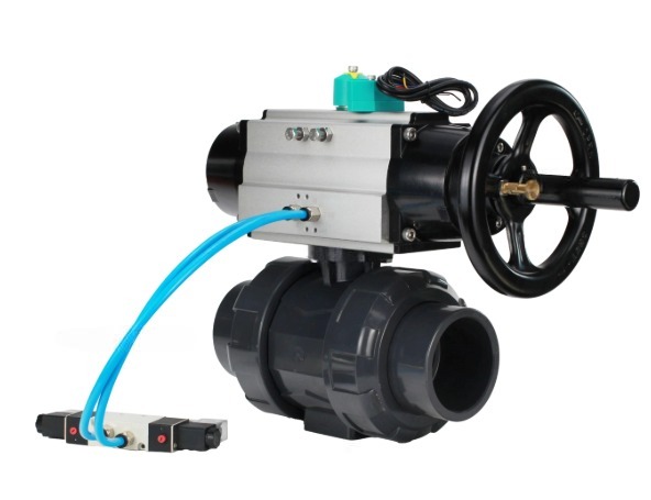 Кран шаровой DN.ru BV4242E-FP-GRM-ISO Дн65 Ру10 полнопроходной, корпус - НПВХ, шар - НПВХ, уплотнение - EPDM, с пневмоприводом PA-DA-105-1, пневмораспределителем 4V320-10 220В и магнитным переключателем ALS200D