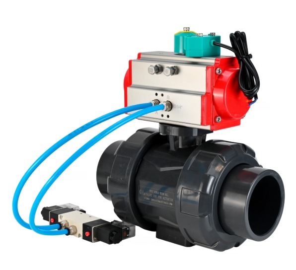 Кран шаровой DN.ru BV4242E-FP-GRM-ISO Дн65 Ру10 полнопроходной, корпус - НПВХ, шар - НПВХ, уплотнение - EPDM, с пневмоприводом PA-DA-065, пневмораспределителем 4V320-10 220В и магнитным переключателем ALS200D