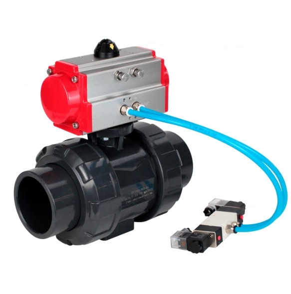 Кран шаровой DN.ru BV4242E-FP-GRM-ISO Дн65 Ру10 полнопроходной, корпус - НПВХ, шар - НПВХ, уплотнение - EPDM, с пневмоприводом PA-SA-065 и пневмораспределителем 4V320-08 220В