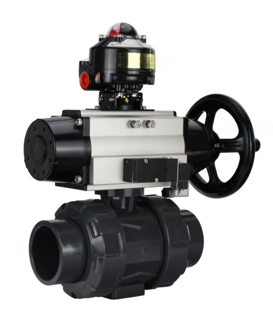 Кран шаровой DN.ru BV4242E-FP-GRM-ISO Дн65 Ру10 полнопроходной, корпус - НПВХ, шар - НПВХ, уплотнение - EPDM, с пневмоприводом PA-DA-105-1, пневмораспределителем 4M310-08 220В и БКВ APL-510N EX