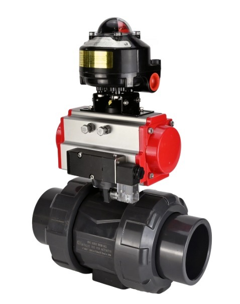 Кран шаровой DN.ru BV4242E-FP-GRM-ISO Дн65 Ру10 полнопроходной, корпус - НПВХ, шар - НПВХ, уплотнение - EPDM, с пневмоприводом PA-DA-065, пневмораспределителем 4M310-08 220В и БКВ APL-510N EX