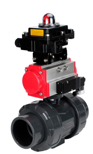 Кран шаровой DN.ru BV4242E-FP-GRM-ISO Дн65 Ру10 полнопроходной, корпус - НПВХ, шар - НПВХ, уплотнение - EPDM, с пневмоприводом PA-SA-065, пневмораспределителем 4M310-08 24В и БКВ APL-410N EX