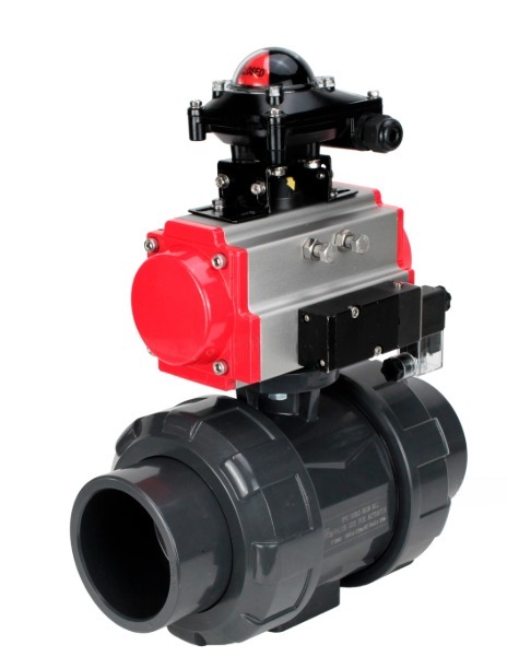 Кран шаровой DN.ru BV4242E-FP-GRM-ISO Дн65 Ру10 полнопроходной, корпус - НПВХ, шар - НПВХ, уплотнение - EPDM, с пневмоприводом PA-SA-065, пневмораспределителем 4M310-08 24В и БКВ APL-210N
