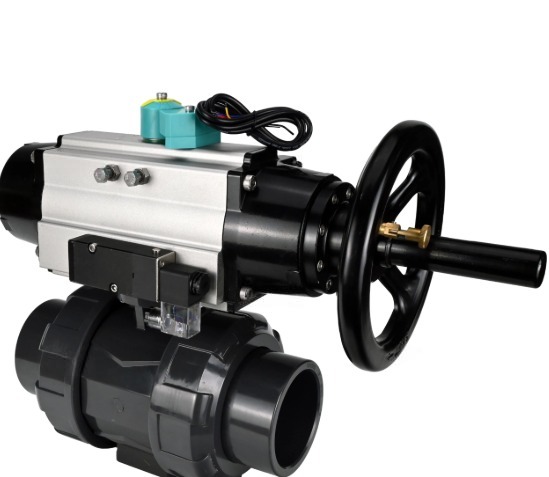 Кран шаровой DN.ru BV4242E-FP-GRM-ISO Дн65 Ру10 полнопроходной, корпус - НПВХ, шар - НПВХ, уплотнение - EPDM, с пневмоприводом PA-DA-105-1, пневмораспределителем 4M310-08 24В и магнитным переключателем ALS200D