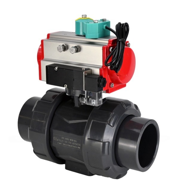 Кран шаровой DN.ru BV4242E-FP-GRM-ISO Дн65 Ру10 полнопроходной, корпус - НПВХ, шар - НПВХ, уплотнение - EPDM, с пневмоприводом PA-SA-065, пневмораспределителем 4M310-08 220В и магнитным переключателем ALS200D