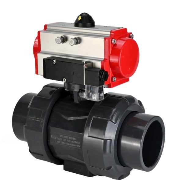 Кран шаровой DN.ru BV4242E-FP-GRM-ISO Дн65 Ру10 полнопроходной, корпус - НПВХ, шар - НПВХ, уплотнение - EPDM, с пневмоприводом PA-SA-065 и пневмораспределителем 4M310-08 220В