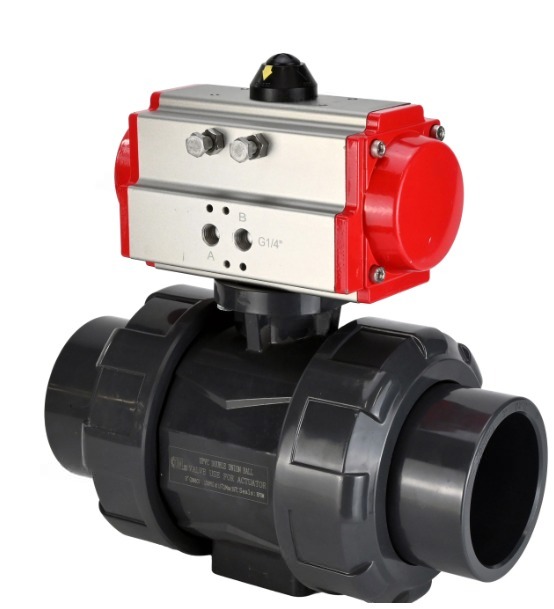 Кран шаровой DN.ru BV4242E-FP-GRM-ISO Дн65 Ру10 полнопроходной, клеевой с разборным муфтовым соединением, корпус - НПВХ, шар - НПВХ, уплотнение - EPDM, с пневмоприводом PA-DA-065 двойного действия