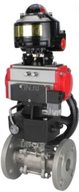 Кран шаровой DN.ru BV3131P(3pc)-FP-F-ISO-H Ду100 Ру16 полнопроходной трехсоставной, фланцевый, нержавеющая сталь 304, уплотнение - PTFE, 22х22, F10, WDVF, с пневмоприводом DN.ru PA-DA-105, пневмораспределителем 4M310-08 220В, БКВ APL-510N EX и руч...