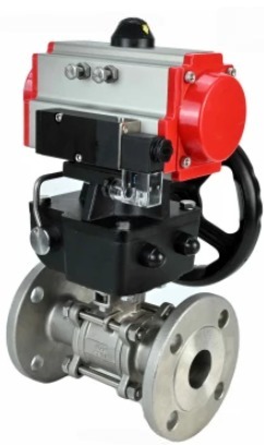 Кран шаровой DN.ru BV3131P(3pc)-FP-F-ISO-H Ду100 Ру16 полнопроходной трехсоставной, фланцевый, нержавеющая сталь 304, уплотнение - PTFE, 22х22, F10, WDVF, с пневмоприводом DN.ru PA-DA-105, пневмораспределителем 4M310-08 220В и ручным дублером MON3...